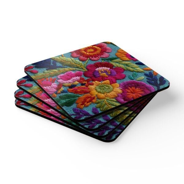 Coasters with image of colorful embroidered boho flowers stacked on a table.