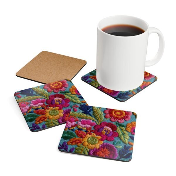 Coasters with image of colorful embroidered boho flowers shown with a mug for scale.