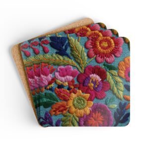 Coasters with image of colorful embroidered boho flowers stacked on a table.