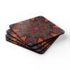 Colorful mandala design coasters shown stacked on a table.
