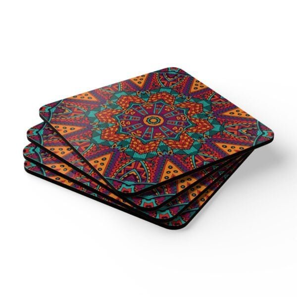 Colorful mandala design coasters shown stacked on a table.