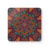 Colorful mandala design coaster shown stacked on a table.