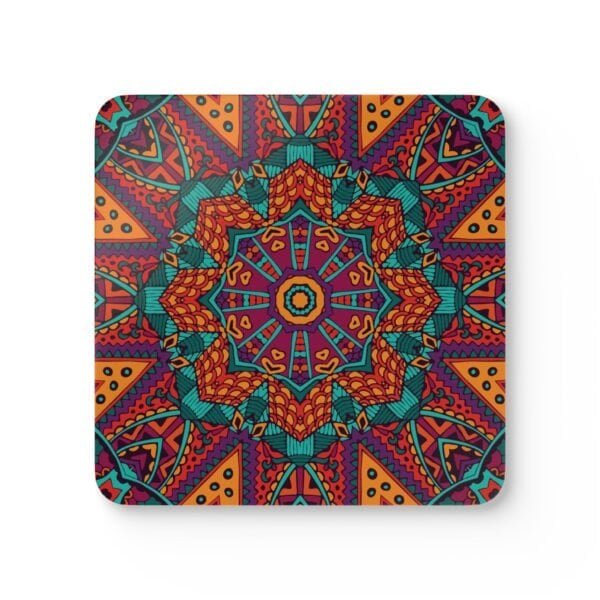 Colorful mandala design coaster shown stacked on a table.