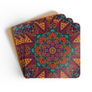 Colorful mandala design coasters shown stacked on a table.