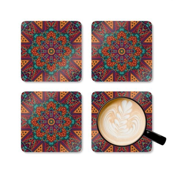 Colorful mandala design coasters shown with a mug for scale.