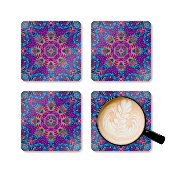 Colorful radiant mandala coasters. Shown with a mug for scale.