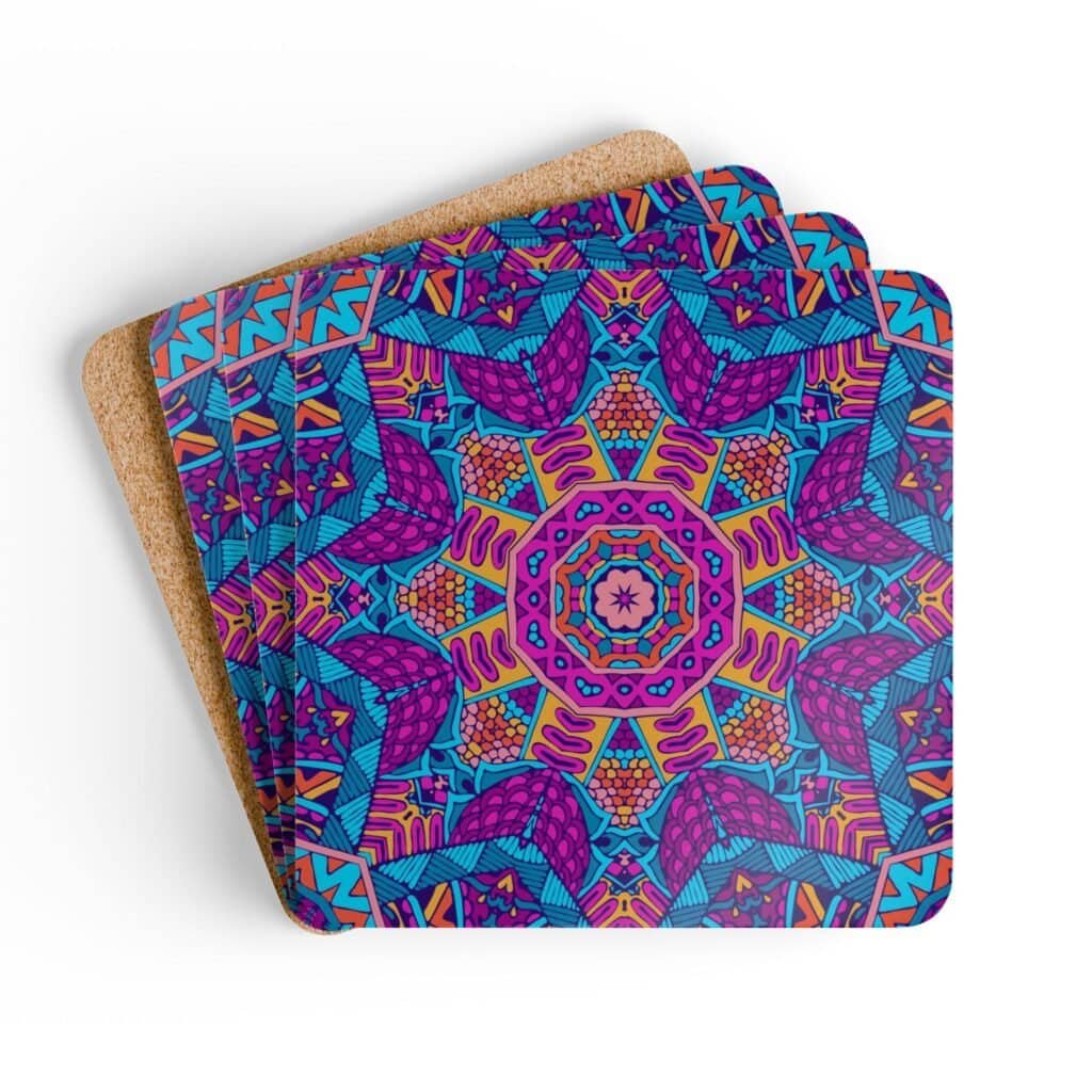 Colorful radiant mandala coasters shown stacked on a table.