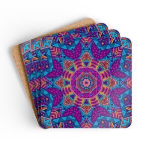Colorful radiant mandala coasters shown stacked on a table.