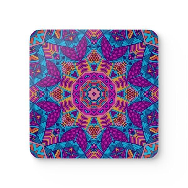 Colorful radiant mandala coaster shown stacked on a table.