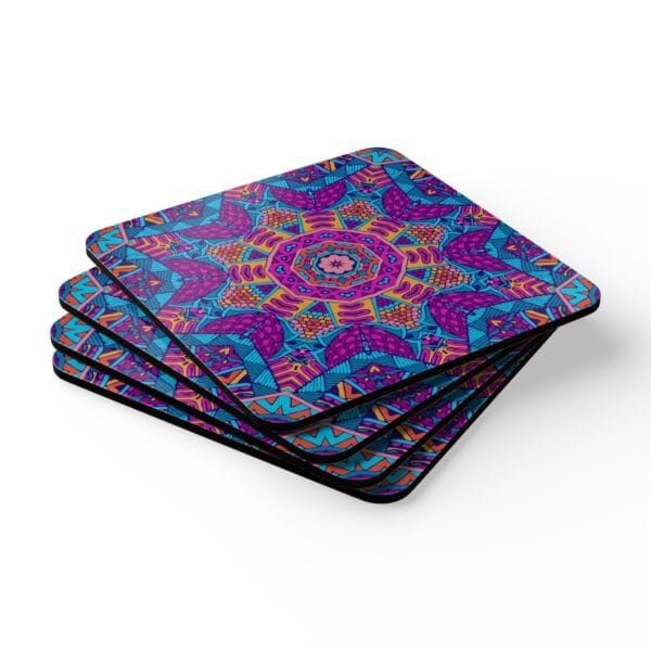 Colorful radiant mandala coaster shown stacked on a table.