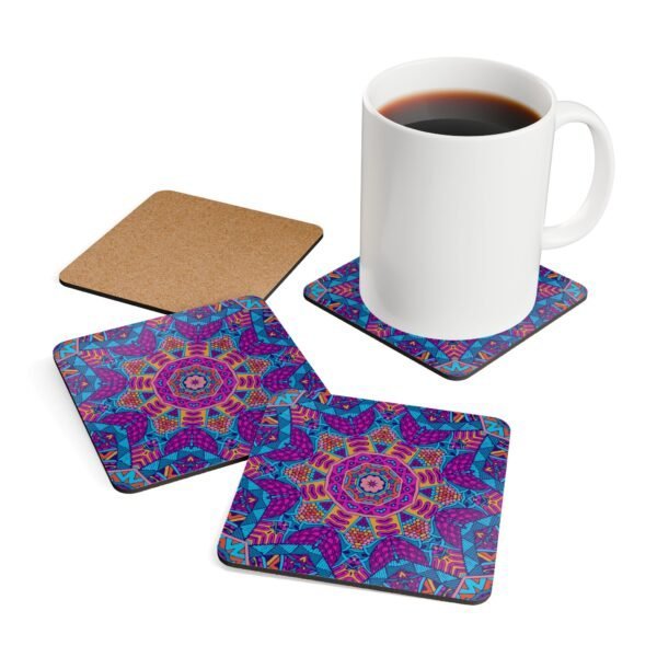 Colorful radiant mandala coaster shown stacked on a table.