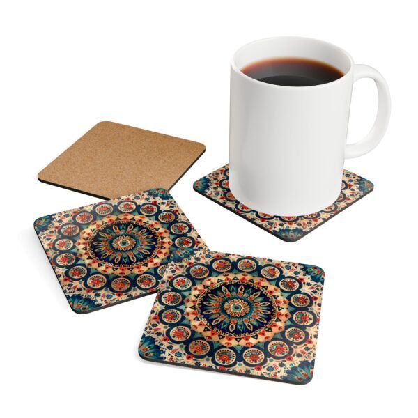 Set of 4 square coasters with image of a red, navy blue and turquoise mandala print. Shown with a mug for scale.
