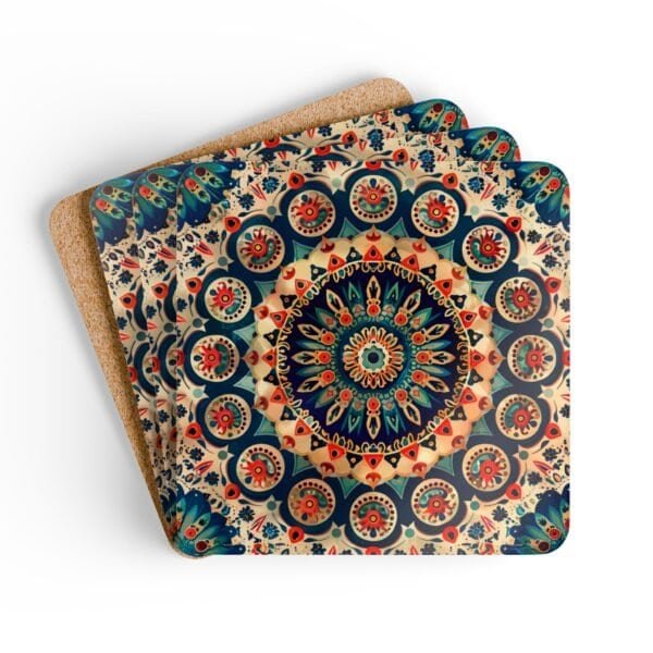 Set of 4 square coasters with image of a red, navy blue and turquoise mandala print. Shown stacked on a table.