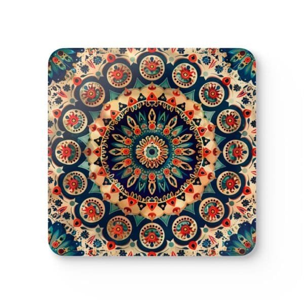 Square coaster with image of a red, navy blue and turquoise mandala print.