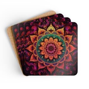 Set of 4 square coasters with image of a bright hot pink, orange and yellow mandala printed on them. Shown stacked on a table.