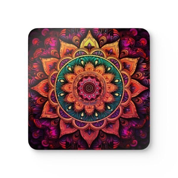 Square coaster with image of a bright hot pink, orange and yellow mandala printed on it.