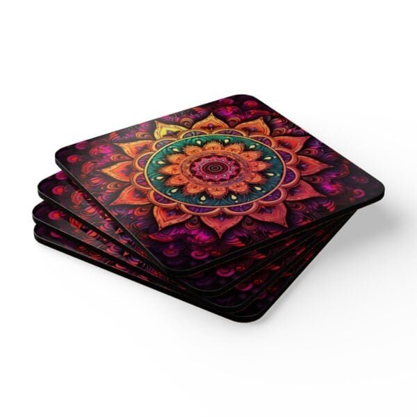 Set of 4 square coasters with image of a bright hot pink, orange and yellow mandala printed on them. Shown stacked on a table.
