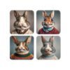 Set of 4 coasters with images of anthropomorphic rabbits with exaggerated front teeth in a goofy school‑photo style portraits,