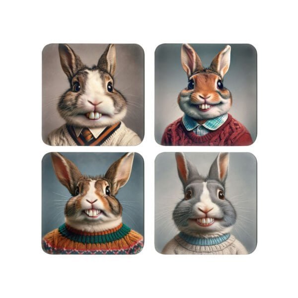 Set of 4 coasters with images of anthropomorphic rabbits with exaggerated front teeth in a goofy school‑photo style portraits,