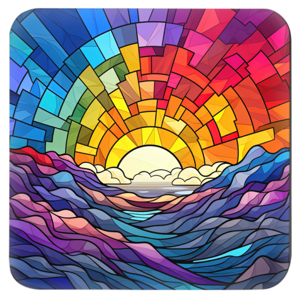 Square coaster with a rainbow mosaic stained glass style image printed on it.