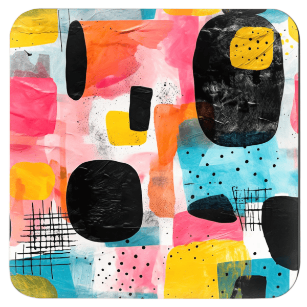 Square coaster with colorful abstract art print on it.