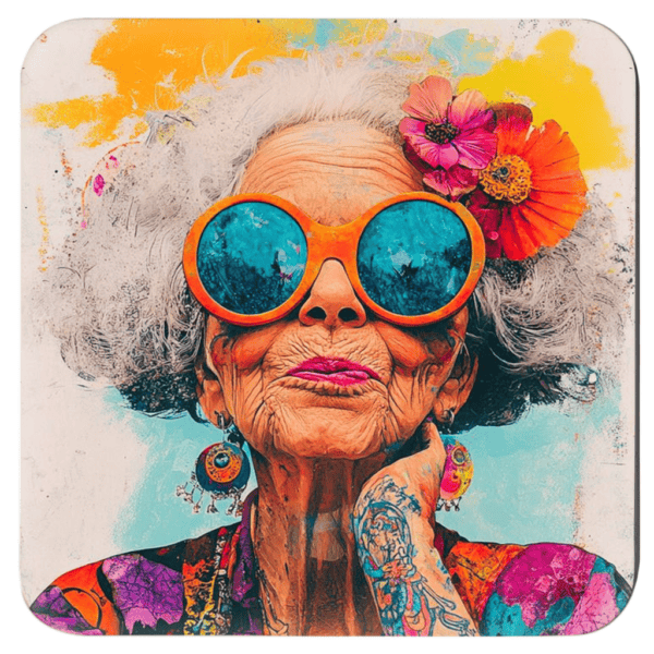 Stylized image of a grey haired woman wearing super bright colors making a kissy face.