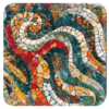 Square coaster with a mosaic design in teal, red, tan jewel tones.