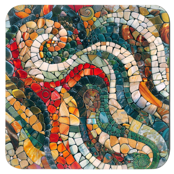 Square coaster with a mosaic design in teal, red, tan jewel tones.
