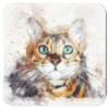 Watercolor style design of a striped cat with blue eyes.