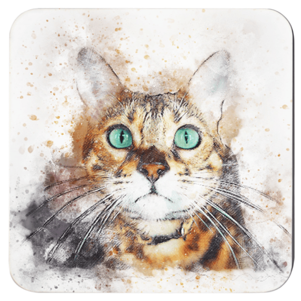 Watercolor style design of a striped cat with blue eyes.