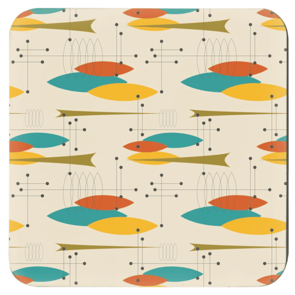Set of 4 coasters with tan, orange, gold and turquoise mid century modern print design.
