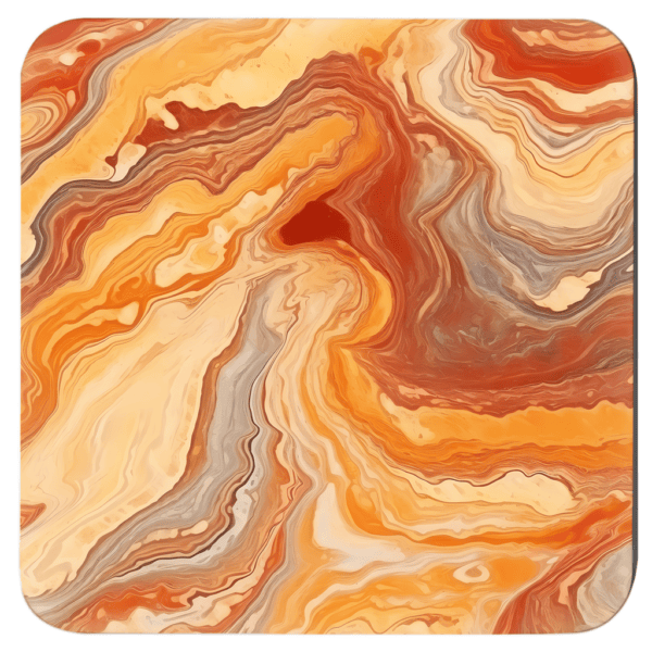 Square coaster with autumn color marble design in oranges and amber colors.