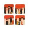 Set of 4 square coasters with images of stylized cats on an orange background.