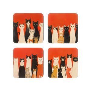 Set of 4 square coasters with images of stylized cats on an orange background.