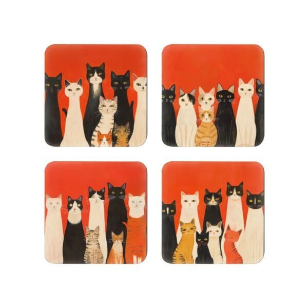 Set of 4 square coasters with images of stylized cats on an orange background.