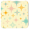 Square coaster with a mid century modern starburst design in yellow, light pink, orange, aqua.