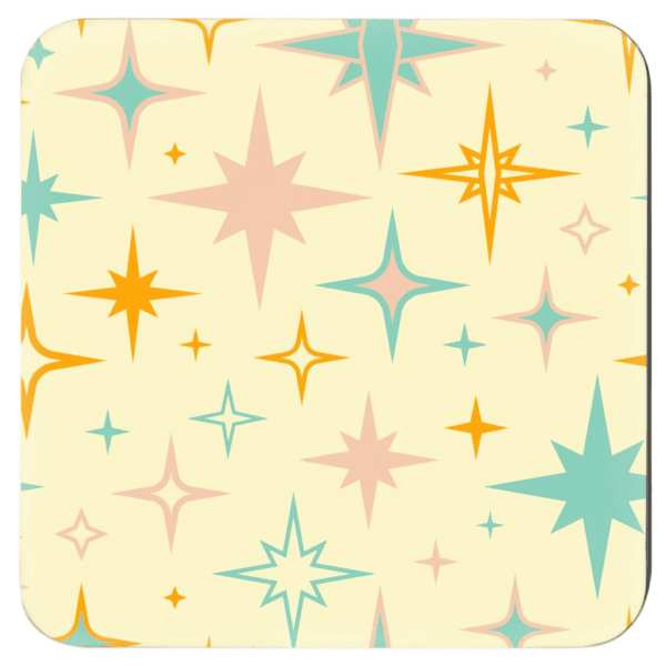 Square coaster with a mid century modern starburst design in yellow, light pink, orange, aqua.