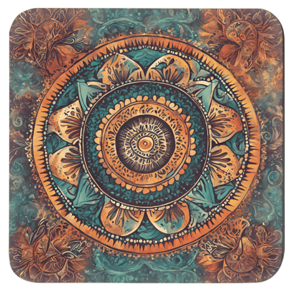 Square coaster with a watercolor style mandala in earthy tones.