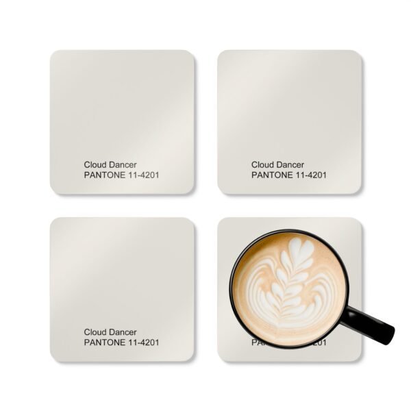 Cloud dancer color swatch coaster set shown with a mug for scale.