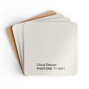 Cloud dancer color swatch coaster set stacked on a table.