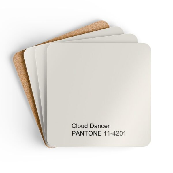 Cloud dancer color swatch coaster set stacked on a table.