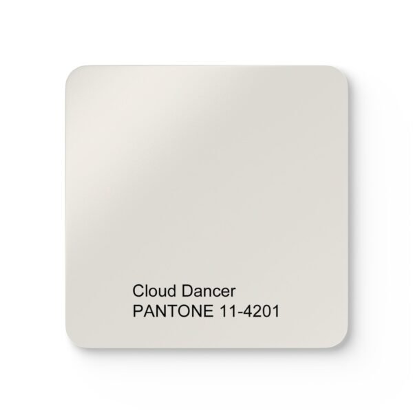 Cloud dancer color swatch coaster set stacked on a table.