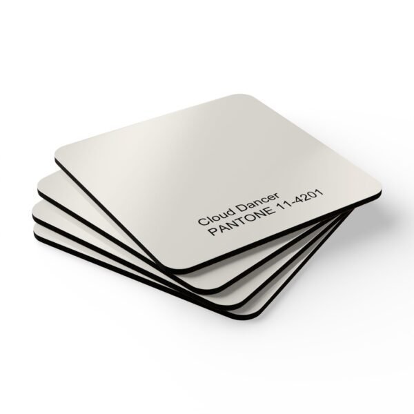 Cloud dancer color swatch coaster set stacked on a table.