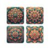 Set of 4 coasters with a coral and green mandala design on each one.
