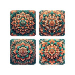 Set of 4 coasters with a coral and green mandala design on each one.