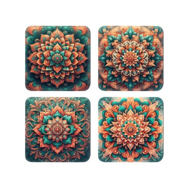 Set of 4 coasters with a coral and green mandala design on each one.