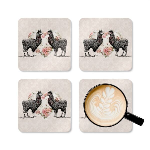 coaster set with image of shabby chic style background and two alpaca images.