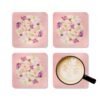 Set of 4 pink watercolor style floral coasters shown with a mug for scale.