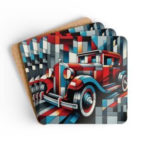 Set of coasters with cubism style art of an old care. Shown stacked on a table.