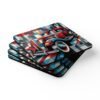 Set of coasters with cubism style art of an old care. Shown stacked on a table.